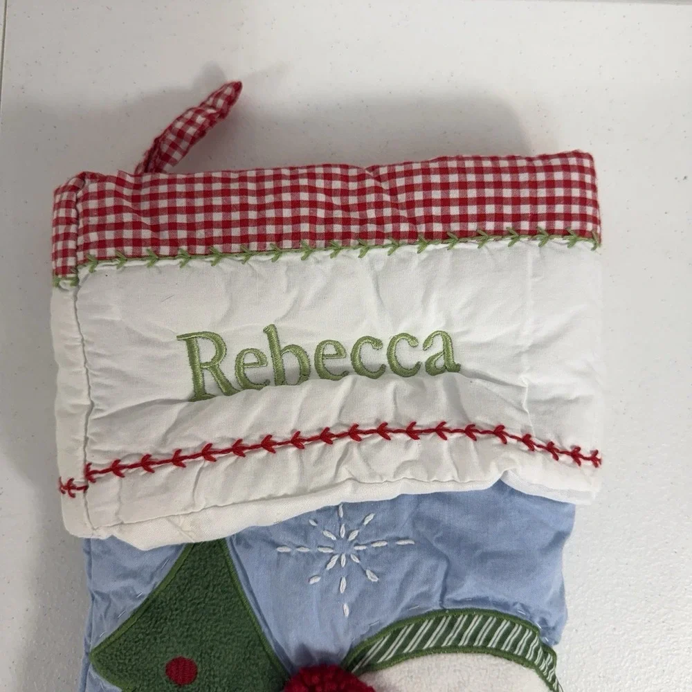 Pottery Barn Kids Quilted Cotton Snowman Gingham Christmas Name Rebecca Stocking